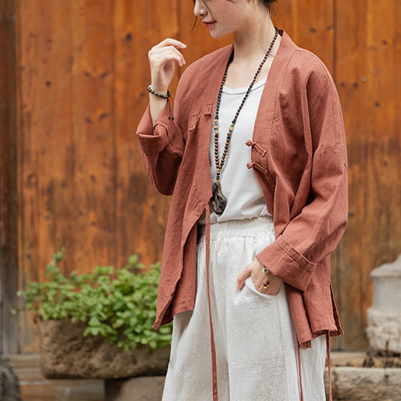 Camicia con motivo hanfu e bottoni a Buddha Stones, in ramiè e lino - image 19