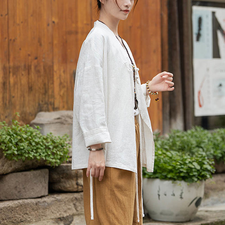 Camicia con motivo hanfu e bottoni a Buddha Stones, in ramiè e lino - image 8