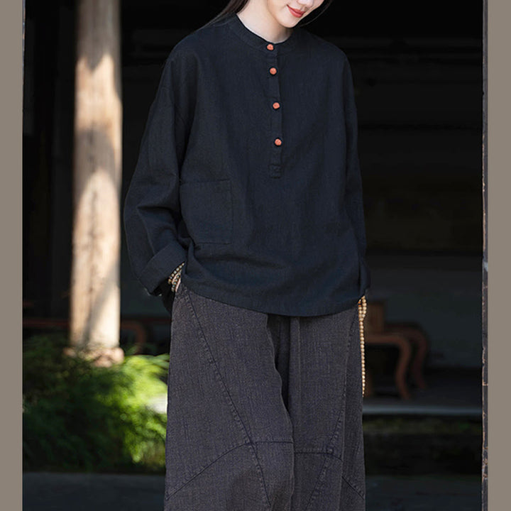 Camicetta a maniche lunghe con bottoni larghi e tinta unita , Buddha Stones - Nero (seno 126 cm) (solo parte superiore) - image 28