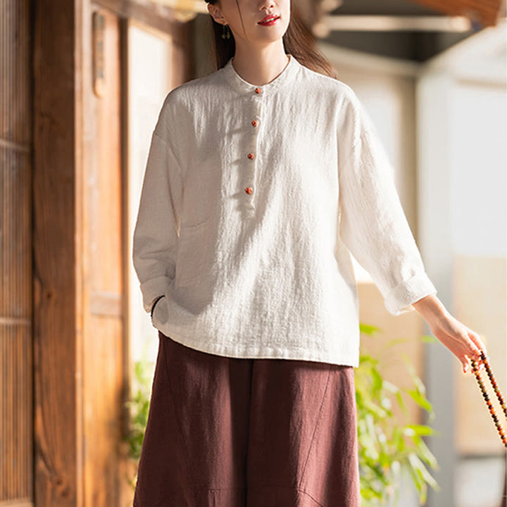 Camicetta a maniche lunghe con bottoni larghi e tinta unita , Buddha Stones - image 4