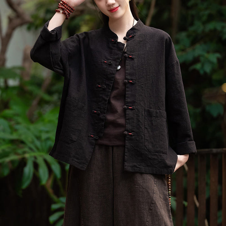 Camicia con bottoni a forma di rana Buddha Stones, abbigliamento da meditazione zen, giacca in cotone e lino - image 8