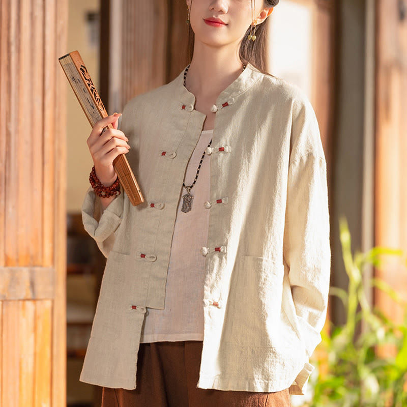 Camicia con bottoni a forma di rana Buddha Stones, abbigliamento da meditazione zen, giacca in cotone e lino - Beige (seno 120 cm) (solo parte superiore) - image 0