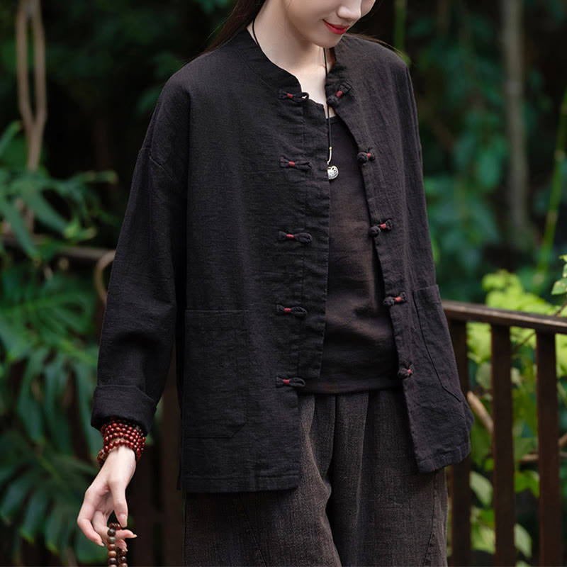 Camicia con bottoni a forma di rana Buddha Stones, abbigliamento da meditazione zen, giacca in cotone e lino - image 10