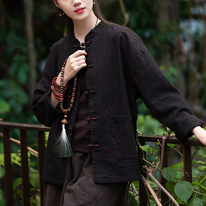 Camicia con bottoni a forma di rana Buddha Stones, abbigliamento da meditazione zen, giacca in cotone e lino - image 11