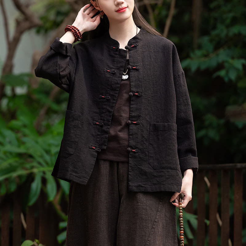 Camicia con bottoni a forma di rana Buddha Stones, abbigliamento da meditazione zen, giacca in cotone e lino - Nero (seno 120 cm) (solo parte superiore) - image 7