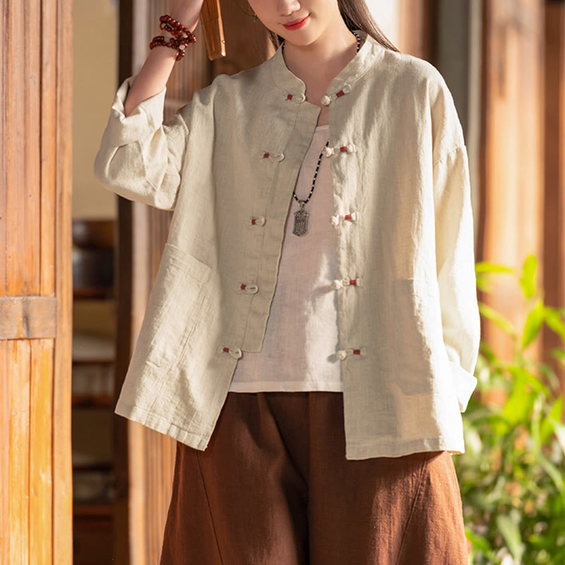 Camicia con bottoni a forma di rana Buddha Stones, abbigliamento da meditazione zen, giacca in cotone e lino - image 1