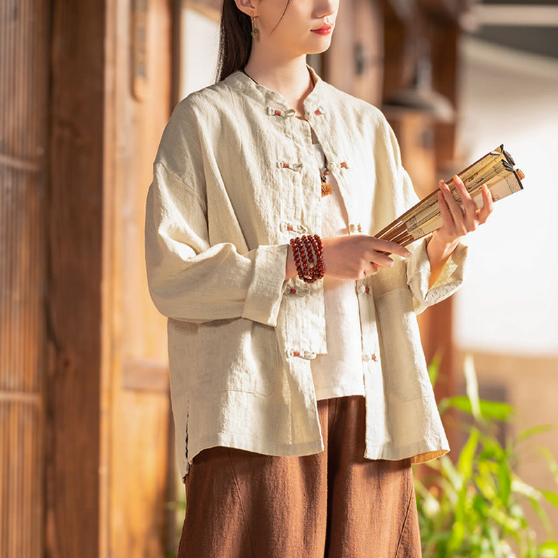 Camicia con bottoni a forma di rana Buddha Stones, abbigliamento da meditazione zen, giacca in cotone e lino - image 3