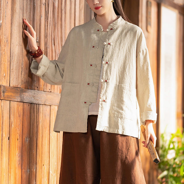 Camicia con bottoni a forma di rana Buddha Stones, abbigliamento da meditazione zen, giacca in cotone e lino - image 2