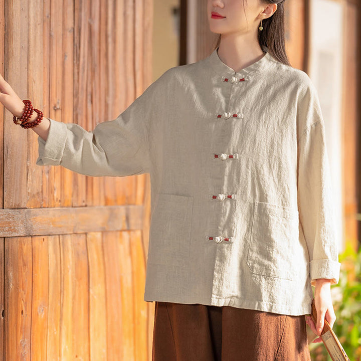 Camicia con bottoni a forma di rana Buddha Stones, abbigliamento da meditazione zen, giacca in cotone e lino - image 6
