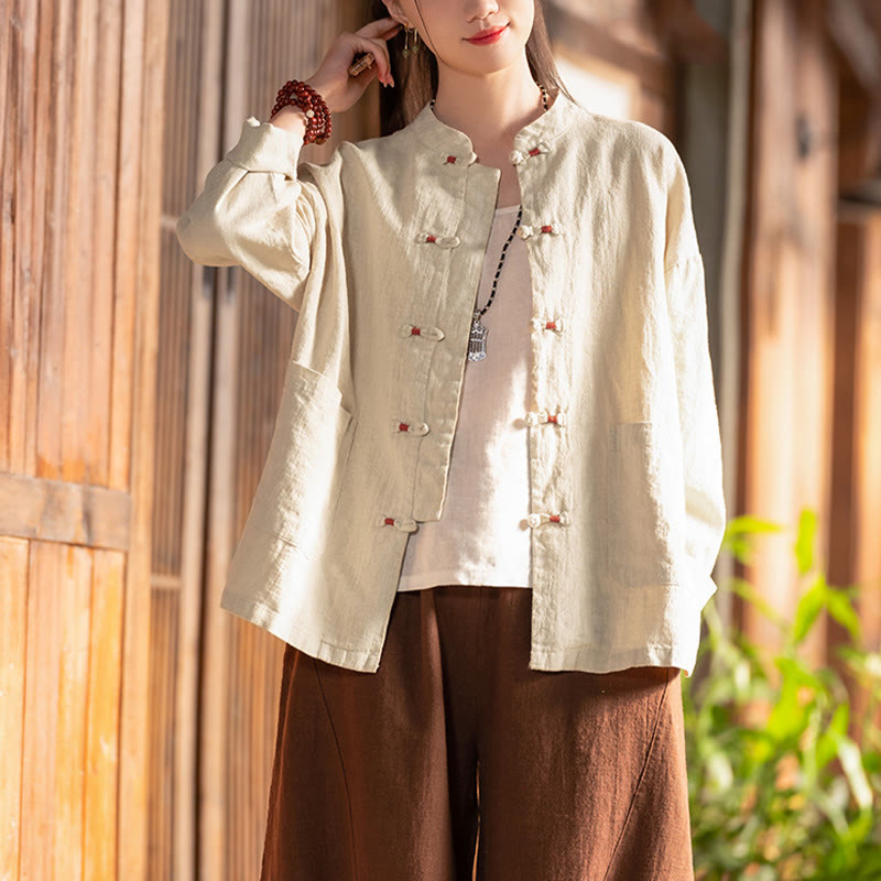 Camicia con bottoni a forma di rana Buddha Stones, abbigliamento da meditazione zen, giacca in cotone e lino - image 5