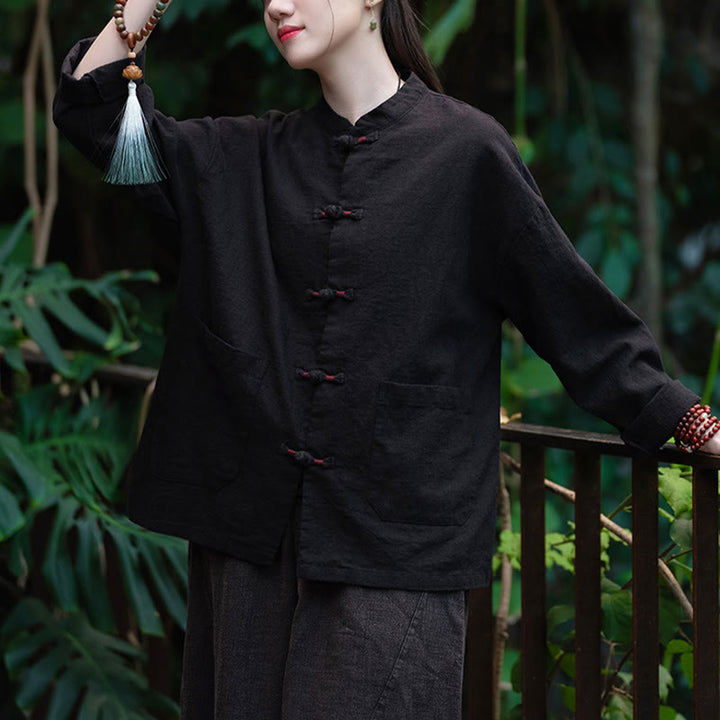 Camicia con bottoni a forma di rana Buddha Stones, abbigliamento da meditazione zen, giacca in cotone e lino - image 15