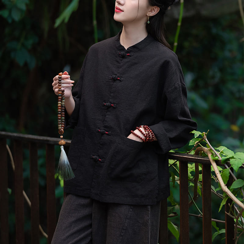 Camicia con bottoni a forma di rana Buddha Stones, abbigliamento da meditazione zen, giacca in cotone e lino - image 14