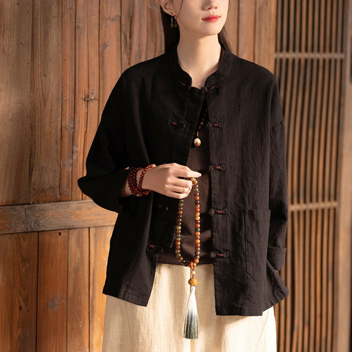 Camicia con bottoni a forma di rana Buddha Stones, abbigliamento da meditazione zen, giacca in cotone e lino - image 9