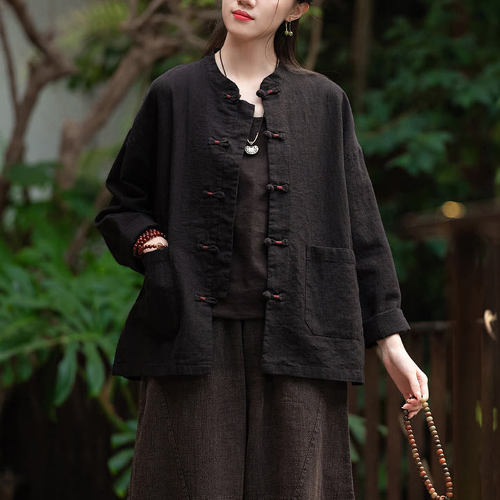 Camicia con bottoni a forma di rana Buddha Stones, abbigliamento da meditazione zen, giacca in cotone e lino - image 13