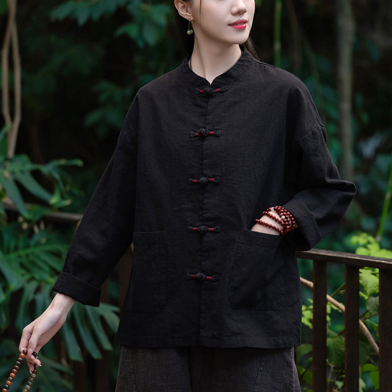 Camicia con bottoni a forma di rana Buddha Stones, abbigliamento da meditazione zen, giacca in cotone e lino - image 12