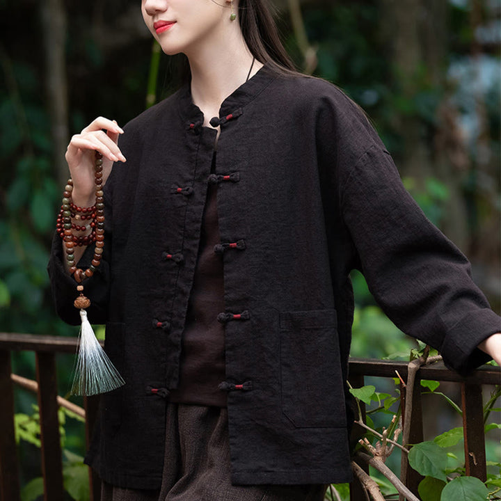 Camicia con bottoni a forma di rana Buddha Stones, abbigliamento da meditazione zen, giacca in cotone e lino - image 16