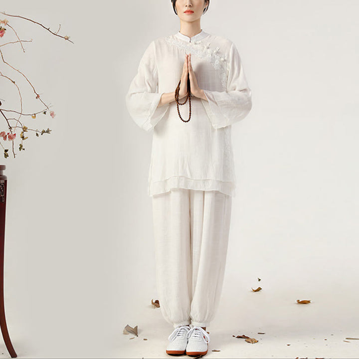 Buddha Stones 2 pezzi manica lunga rana-bottone meditazione preghiera zen pratica Tai Chi uniforme abbigliamento donna set - Bottone laterale bianco a forma di rana (top e pantaloni) - US8-10, UK/AU12-14, EU40-42 (2XL) - image 0