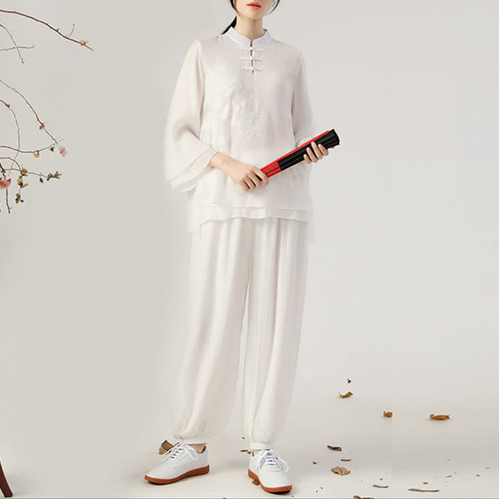 Buddha Stones 2 pezzi manica lunga rana-bottone meditazione preghiera zen pratica Tai Chi uniforme abbigliamento donna set - Colletto bianco (top e pantaloni) - US8-10, UK/AU12-14, EU40-42 (2XL) - image 5