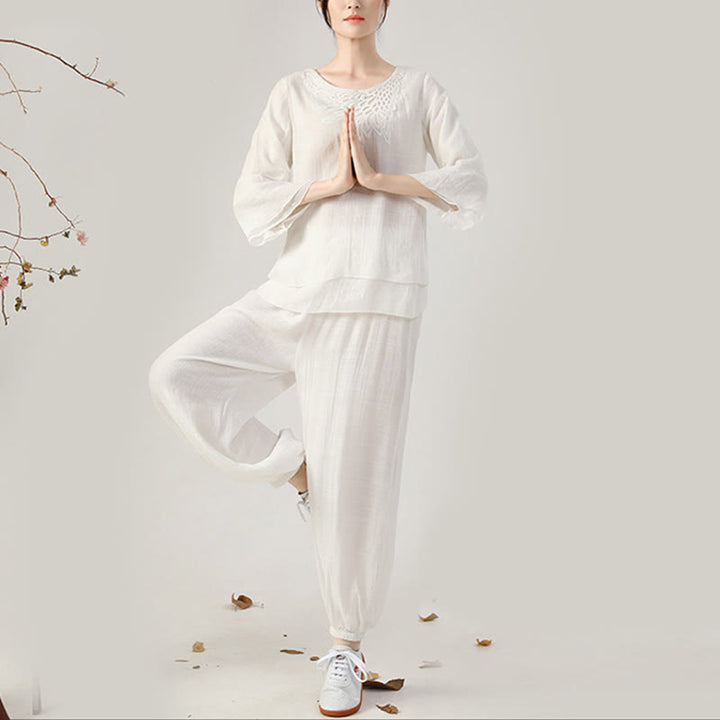 Buddha Stones 2 pezzi manica lunga rana-bottone meditazione preghiera zen pratica Tai Chi uniforme abbigliamento donna set - Maglia girocollo bianca (top e pantaloni) - US8-10, UK/AU12-14, EU40-42 (2XL) - image 11