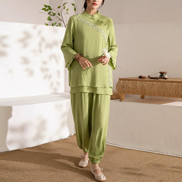 Buddha Stones 2 pezzi manica lunga rana-bottone meditazione preghiera zen pratica Tai Chi uniforme abbigliamento donna set - Bottone laterale verde a forma di rana (top e pantaloni) - US8-10, UK/AU12-14, EU40-42 (2XL) - image 21