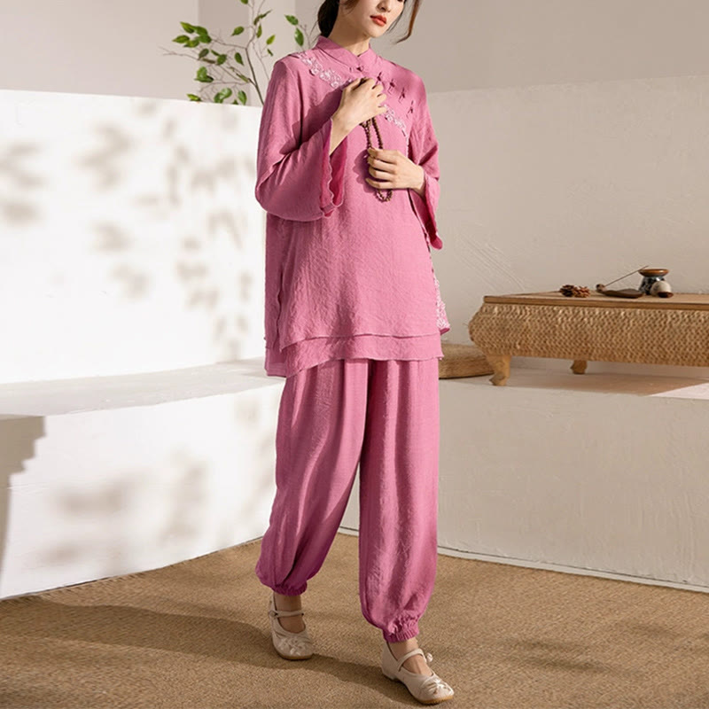 Buddha Stones 2 pezzi manica lunga rana-bottone meditazione preghiera zen pratica Tai Chi uniforme abbigliamento donna set - Bottone laterale a forma di rana rosso rosa (top e pantaloni) - US8-10, UK/AU12-14, EU40-42 (2XL) - image 20