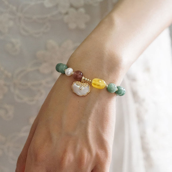 Braccialetto della fortuna con lucchetto Ruyi , Buddha Stones, giada e conchiglia