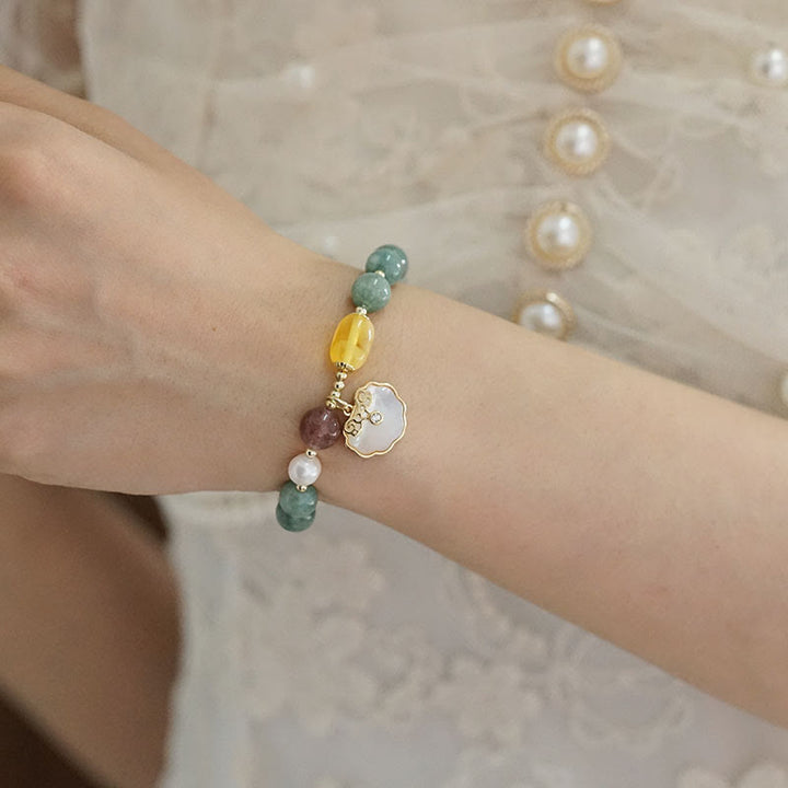 Braccialetto della fortuna con lucchetto Ruyi , Buddha Stones, giada e conchiglia