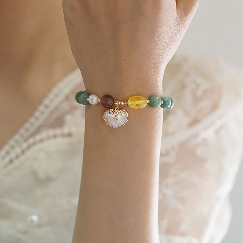 Braccialetto della fortuna con lucchetto Ruyi , Buddha Stones, giada e conchiglia