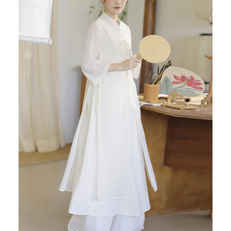Buddha Stones Ricamo Chiffon Cheongsam Midi Vestito Pantaloni Gamba Larga Meditazione Zen Pratica Abbigliamento - Solo abito - US8-10, UK/AU12-14, EU40-42 (2XL) - image 0