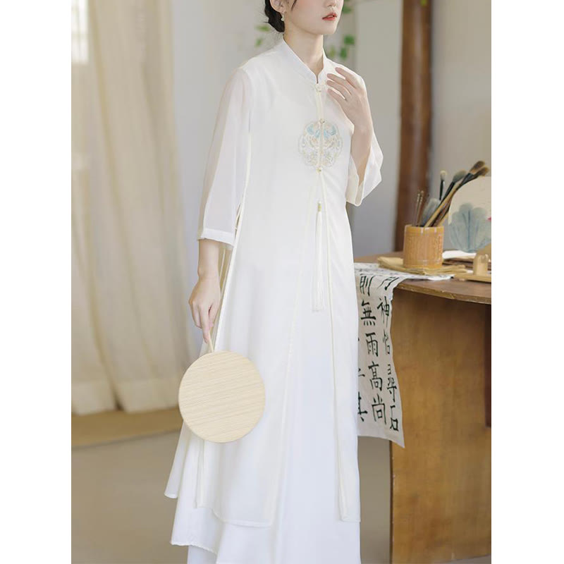 Buddha Stones Ricamo Chiffon Cheongsam Midi Vestito Pantaloni Gamba Larga Meditazione Zen Pratica Abbigliamento - image 7