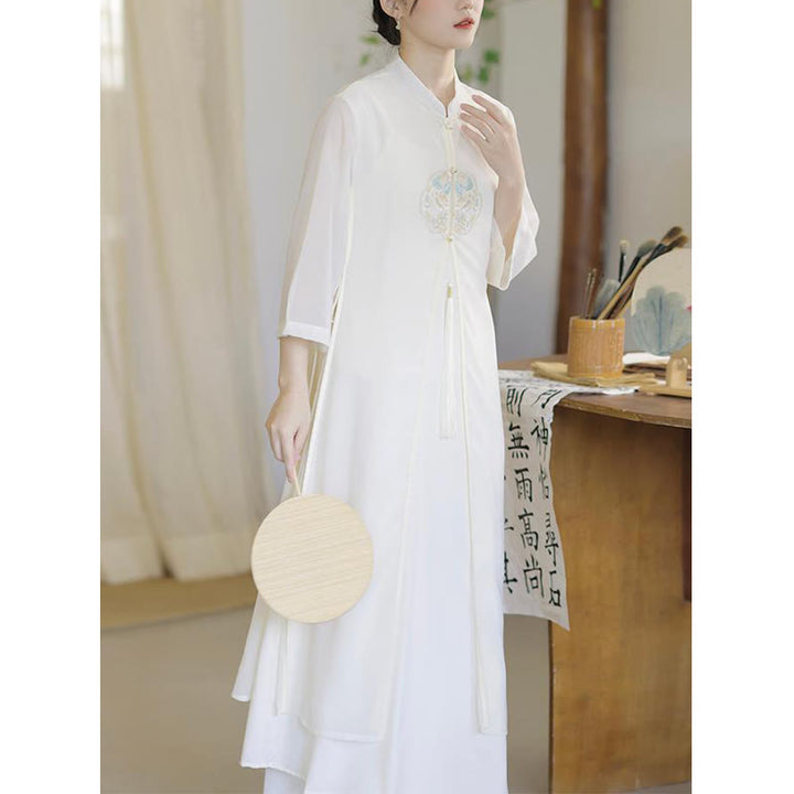 Buddha Stones Ricamo Chiffon Cheongsam Midi Vestito Pantaloni Gamba Larga Meditazione Zen Pratica Abbigliamento - image 7