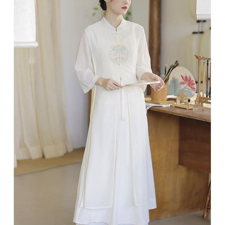 Buddha Stones Ricamo Chiffon Cheongsam Midi Vestito Pantaloni Gamba Larga Meditazione Zen Pratica Abbigliamento - image 5