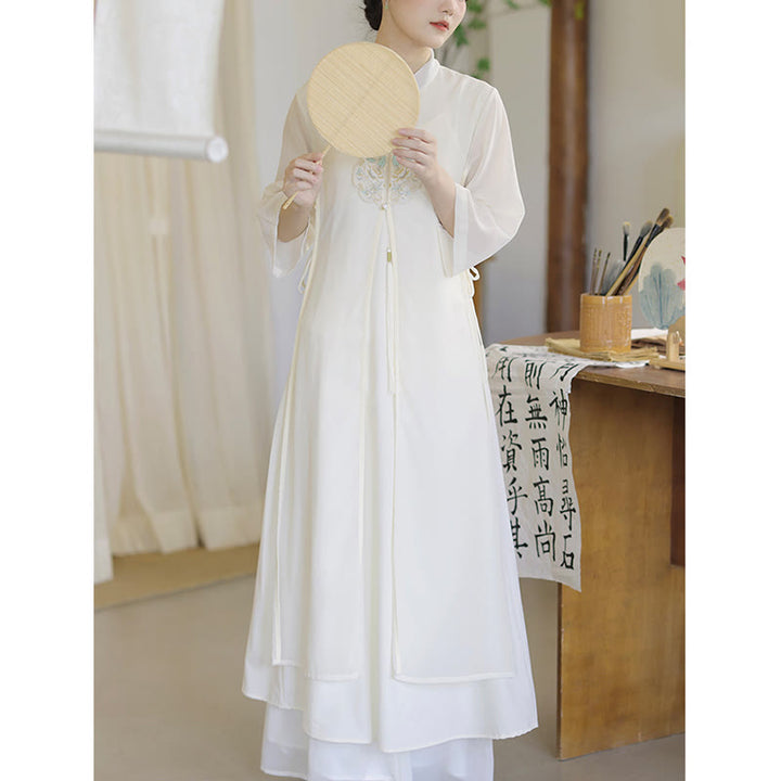 Buddha Stones Ricamo Chiffon Cheongsam Midi Vestito Pantaloni Gamba Larga Meditazione Zen Pratica Abbigliamento - image 9