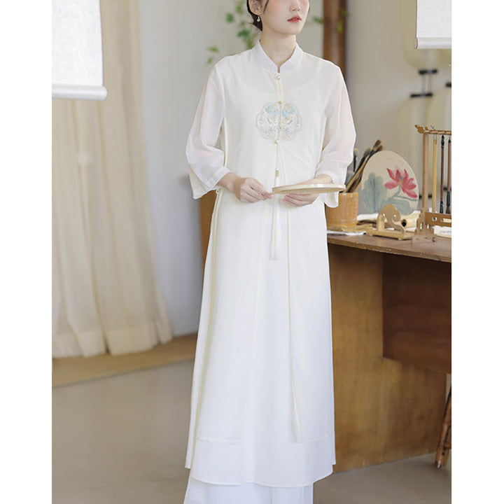 Buddha Stones Ricamo Chiffon Cheongsam Midi Vestito Pantaloni Gamba Larga Meditazione Zen Pratica Abbigliamento - image 11