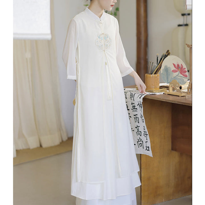 Buddha Stones Ricamo Chiffon Cheongsam Midi Vestito Pantaloni Gamba Larga Meditazione Zen Pratica Abbigliamento - image 8
