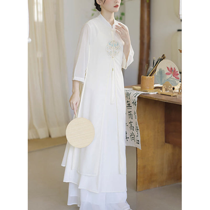 Buddha Stones Ricamo Chiffon Cheongsam Midi Vestito Pantaloni Gamba Larga Meditazione Zen Pratica Abbigliamento - image 12