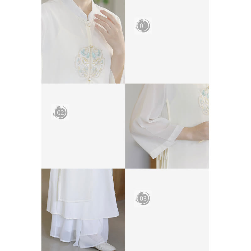 Buddha Stones Ricamo Chiffon Cheongsam Midi Vestito Pantaloni Gamba Larga Meditazione Zen Pratica Abbigliamento - image 14