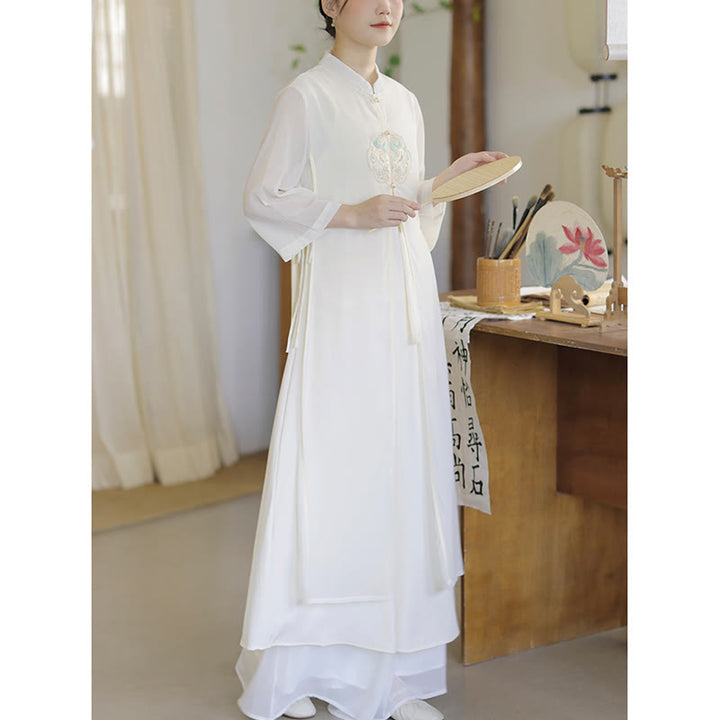 Buddha Stones Ricamo Chiffon Cheongsam Midi Vestito Pantaloni Gamba Larga Meditazione Zen Pratica Abbigliamento - image 13