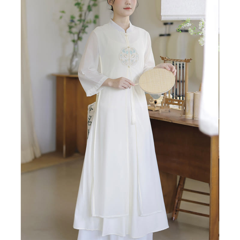 Buddha Stones Ricamo Chiffon Cheongsam Midi Vestito Pantaloni Gamba Larga Meditazione Zen Pratica Abbigliamento - image 1