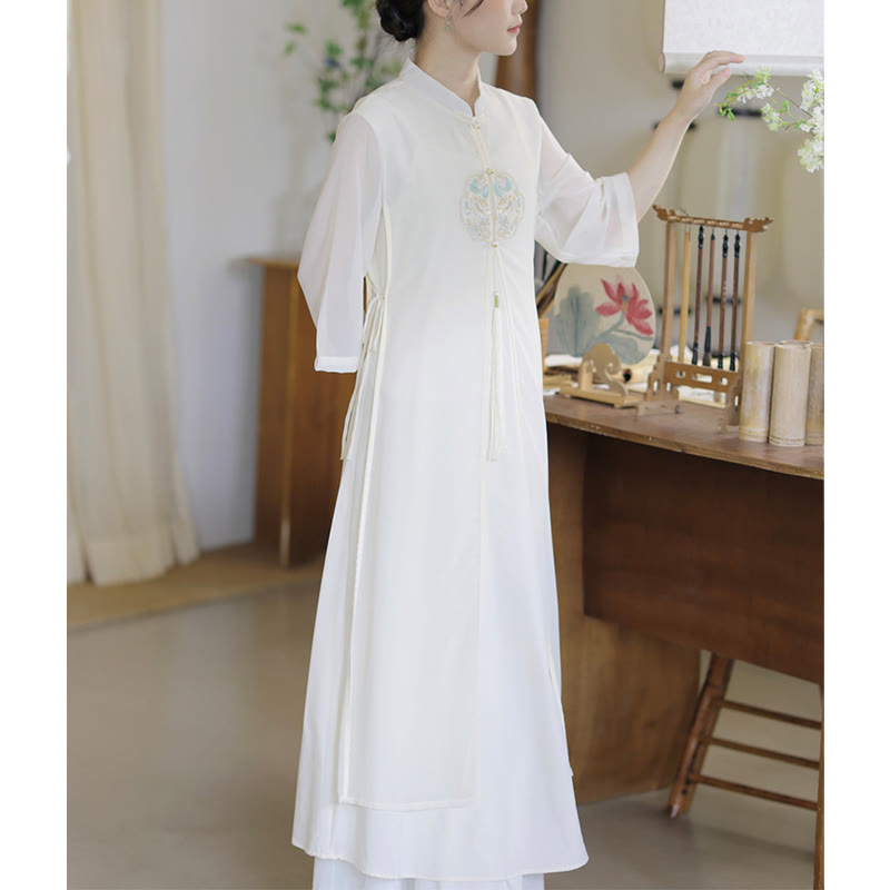 Buddha Stones Ricamo Chiffon Cheongsam Midi Vestito Pantaloni Gamba Larga Meditazione Zen Pratica Abbigliamento - image 6