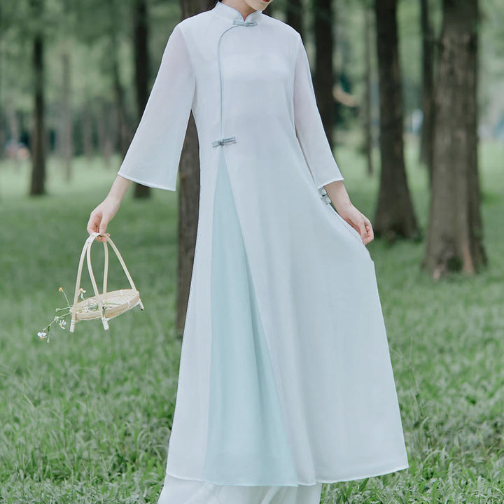 Buddha Stones Abito midi in chiffon con maniche a tre quarti e pantaloni a gamba larga, abbigliamento per la pratica della meditazione Zen