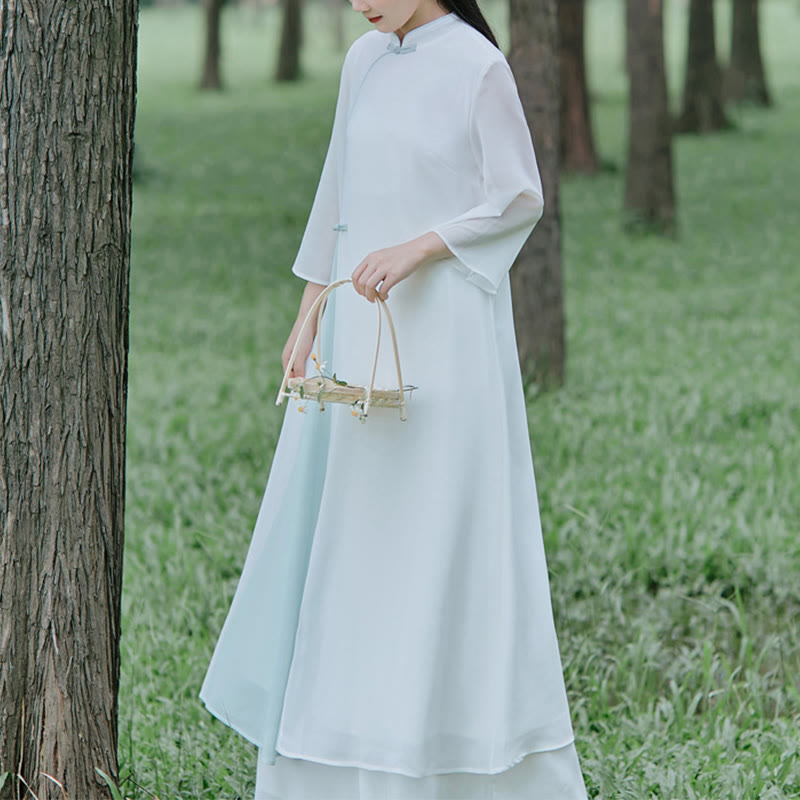 Buddha Stones Abito midi in chiffon con maniche a tre quarti e pantaloni a gamba larga, abbigliamento per la pratica della meditazione Zen