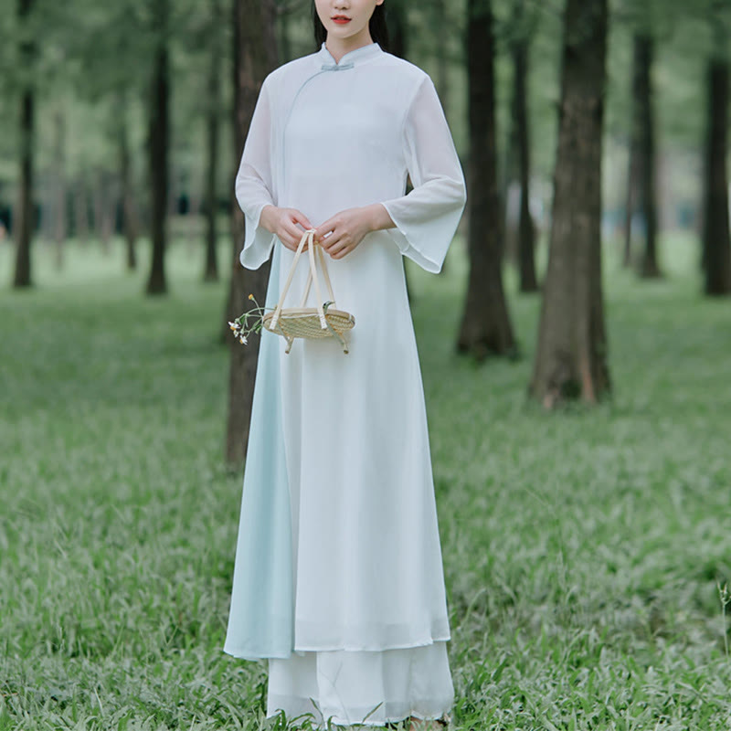 Buddha Stones Abito midi in chiffon con maniche a tre quarti e pantaloni a gamba larga, abbigliamento per la pratica della meditazione Zen
