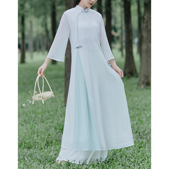 Buddha Stones Abito midi in chiffon con maniche a tre quarti e pantaloni a gamba larga, abbigliamento per la pratica della meditazione Zen