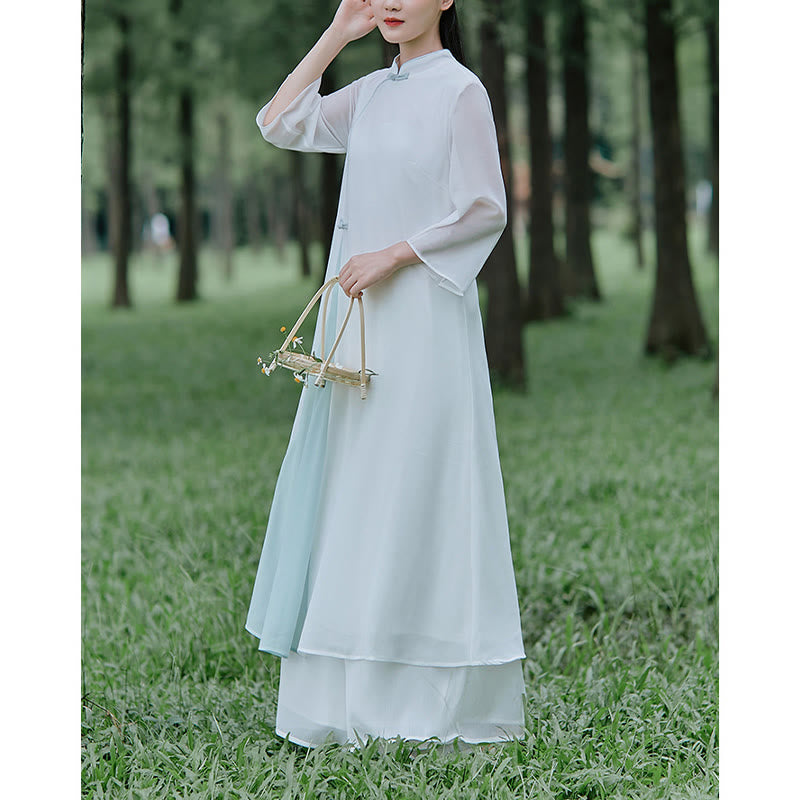 Buddha Stones Abito midi in chiffon con maniche a tre quarti e pantaloni a gamba larga, abbigliamento per la pratica della meditazione Zen