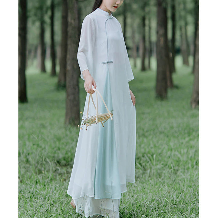 Buddha Stones Abito midi in chiffon con maniche a tre quarti e pantaloni a gamba larga, abbigliamento per la pratica della meditazione Zen