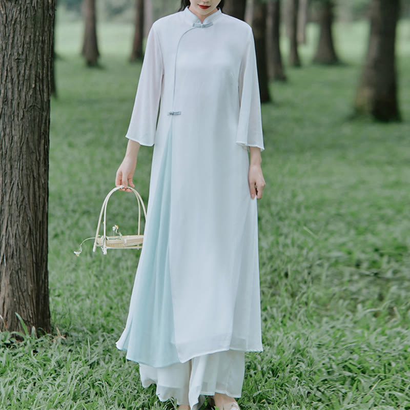 Buddha Stones Abito midi in chiffon con maniche a tre quarti e pantaloni a gamba larga, abbigliamento per la pratica della meditazione Zen