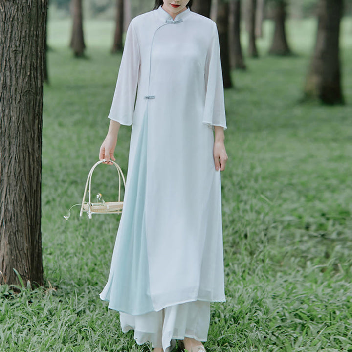 Buddha Stones Abito midi in chiffon con maniche a tre quarti e pantaloni a gamba larga, abbigliamento per la pratica della meditazione Zen