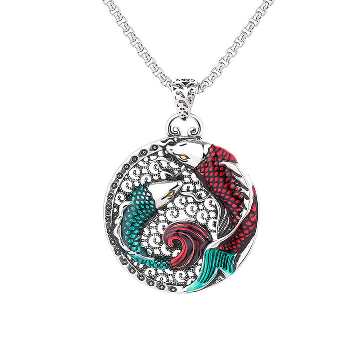 Collana di guarigione con pesce koi in rame tibetano e Buddha Stones