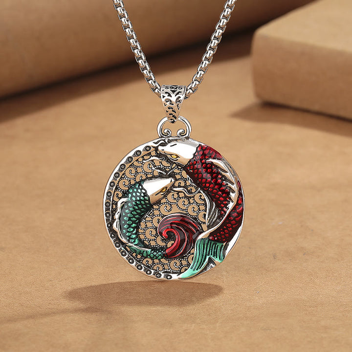 Collana di guarigione con pesce koi in rame tibetano e Buddha Stones